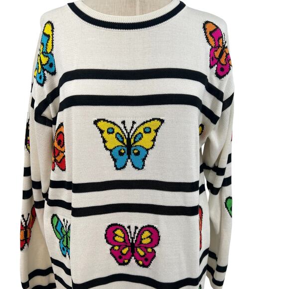 Escada Vintage Sweater Butterfly Stripe Print Cotton Cream Black Size 36 US 6 - Picture 3 of 12